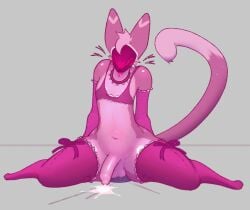 anthro arm_warmers armwear blush bodily_fluids bra closed_eyes clothed clothing cum cum_while_penetrated dildo dildo_sitting drooling ejaculation felid feline genital_fluids genitals legwear machine male mammal masturbation on_ground partially_clothed penetration penis pink_body plexiguru protogen saliva sex_toy sitting solo stockings thigh_highs underwear