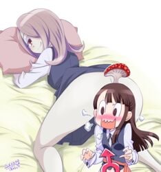 2girls akko_kagari atsuko_kagari bed bent_over blush breasts brown_eyes brown_hair come_hither excited futanari hair_over_one_eye intersex kagari_atsuko little_witch_academia mars_symbol multiple_girls mushroom on_bed ono_toshihiro pillow presenting purple_hair red_eyes saliva small_breasts smile spread_legs sucy_manbavaran