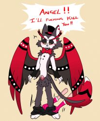 angel_dust angry animal_genitalia anthro assisted_exposure blush embarrassed genitals hazbin_hotel hellaverse hi_res husk_(hazbin_hotel) male pantsing prank pubes romll sheath