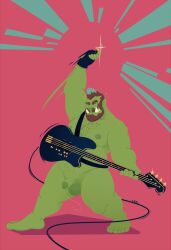abstract_background balls beard blue_hair bodily_fluids body_hair brown_beard brown_facial_hair brown_hair chest_hair chocolateandmilk closed_eyes facial_hair front_view full-length_portrait genital_fluids genitals green_balls green_body green_nipples green_penis green_skin grin guitar hair hi_res humanoid humanoid_pointy_ears male multicolored_hair musclegut muscular muscular_humanoid muscular_male musical_instrument nipples nude orc overweight overweight_humanoid overweight_male pecs penis playing_guitar playing_music plucked_string_instrument pointy_ears portrait precum precum_string short_hair smile solo standing string_instrument teeth two_tone_hair