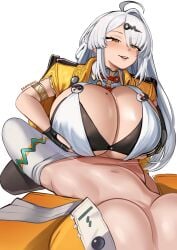 1futa 1girls absurdres ahoge alternate_breast_size_(larger) armlet asymmetrical_gloves bar_censor belle_(delicate_sunlight)_(zenless_zone_zero) belle_(zenless_zone_zero) big_breasts big_penis black_gloves breasts censor_bar censored chinese_clothes cleavage clothed clothed_female clothes_pull clothing commentary commission covered_navel elbow_gloves english_commentary erotanuki faceless faceless_character faceless_futa fingerless_gloves futa_with_female futanari gloves hair_ornament hairpin half-closed_eyes highres huge_breasts huge_cock jacket jewelry large_breasts light-skinned_female light-skinned_futa light_skin long_hair looking_at_partner mole mole_on_breast motion_lines multiple_girls official_alternate_costume open_mouth paizuri paizuri_under_clothes pantyhose pantyhose_pull partially_clothed penis pixiv_commission precum simple_background single_elbow_glove single_hair_intake titfuck titjob twitching uneven_gloves white_background white_hair white_pantyhose yellow_eyes yellow_jacket yin_yang_pin yixuan_(zenless_zone_zero) zenless_zone_zero