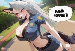 ai_generated angry angry_face bra bra_peek cleavage cum_on_breasts fai_ai_ helluva_boss jacket large_breasts looking_at_viewer loona_(helluva_boss) police_uniform policewoman short_jacket short_shorts skindentation standing wolf_ears wolf_girl wolf_tail