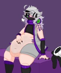ahoge artist_sona artist_upload avile4v113 avile_(avile4v113) big_thighs black_coat crop_top elbow_gloves exhaling facial_mask genderfluid gray_hair green_eyes grey_hair grey_vest hair_clips half-closed_eyes half-open_eyes headphones holding_belly holding_stomach kneehigh_socks kneehighs large_eyebrows large_stomach large_thighs murakumozoea one_eye_covered one_eye_visible part_1 part_of_a_set purple_blush purple_eyes purple_scarf purple_sclera self_upload sleeveless_vest stretch_marks tuppenjskewer vore white_sweater