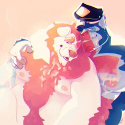 2019 anthro belly belly_hair big_belly black_clothing black_hat black_headwear blue_body blue_eyebrows blue_fur bodily_fluids body_hair brown_hair chest_hair chocolateandmilk clothing cum cum_on_chest cum_on_face dated duo eyebrows floppy_ears front_view fur genital_fluids glistening glistening_eyes hair hat headgear headwear hi_res hoosier humanoid male moobs mostly_nude muscular muscular_humanoid muscular_male nude obese obese_anthro obese_male one_eye_closed overweight overweight_anthro overweight_male pecs signature simple_background white_body white_fur