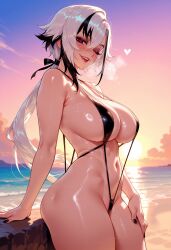 1girls ai_generated arlecchino_(genshin_impact) arm_support armpit_crease balecxi bangs bare_shoulders beach bikini black_eyes black_hair black_nails black_one-piece_swimsuit black_swimsuit blush breasts breath clothing cloud cowboy_shot crossed_bangs curvaceous curvaceous_female curvaceous_figure curvy curvy_figure dusk evening female female_focus female_only fingernails from_side genshin_impact gradient_sky hair_between_eyes hair_ornament hair_ribbon horizon inviting inviting_to_sex large_breasts lips long_hair looking_at_viewer low_ponytail mature_female milf multicolored_hair nail_polish navel ocean one-piece_swimsuit one_eye_closed open_mouth orange_sky outdoors parted_lips presenting presenting_ass presenting_breasts presenting_hindquarters presenting_self red_eyes red_lips red_pupils seductive seductive_look seductive_smile shiny_skin shore sideboob sky slingshot_swimsuit smile solo stomach strap_gap streaked_hair sun sunset sweat swimsuit symbol-shaped_pupils thick_thighs thighs two-tone_hair upper_teeth_only voluptuous voluptuous_female water wet white_hair x-shaped_pupils