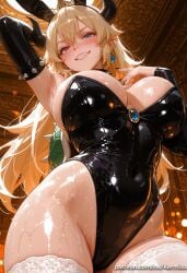 ai_generated animal_ears arm_behind_head arm_up armlet armpits bangs bare_shoulders black_leotard black_nails blonde_hair blue_eyes blue_gemstone blush bowsette bracelet breasts cleavage collar covered_navel crown detached_sleeves earrings fake_animal_ears fangs female female_only from_below gem grin hair_between_eyes hand_on_own_chest heterochromia highleg highleg_leotard horns indoors jewelry kermixx large_breasts leotard long_hair looking_at_viewer looking_down mario_(series) nail_polish rabbit_ears red_eyes sharp_teeth shiny shiny_clothes shiny_skin smile solo spiked_armlet spiked_bracelet spiked_collar spiked_shell spikes strapless strapless_leotard super_crown sweat teeth thick_thighs thighhighs thighs turtle_shell wet white_thighhighs