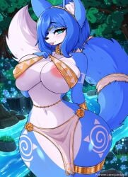 anthro areola big_breasts blue_body blue_eyes blue_fur blue_hair blush blush_lines breast_squish breasts canid canine choker clothed clothing clothing_lift clothing_pull detailed_background eyelashes female flower fluffy fluffy_tail forest fox fur genitals gold_(metal) gold_jewelry hair hi_res huge_breasts jewelry krystal_(star_fox) long_eyelashes mammal markings multicolored_body multicolored_fur neck_ring necklace nintendo nipple_outline outside plant river smile solo squish star_fox tail text thick_thighs thighlet tongue tongue_out translucent translucent_clothing tree tribal tribal_clothing url vulva white_body white_fur wide_hips yumiiefox