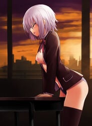 blue_hair blush breasts closed_eyes crotch_rub date_a_live desk dobunezumi female hair_ornament hairclip masturbation nipples no_pants open_mouth panties raizen_high_school_uniform school_uniform shimapan short_hair silver_hair solo table_humping thighhighs tobiichi_origami underwear