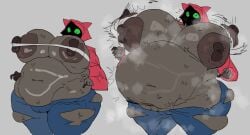 2025 anthro areola belly belly_expansion big_areola big_belly big_breasts big_nipples blush body_size_growth bottomwear breadcatta breast_expansion breast_growth breasts brown_areola brown_body brown_fur brown_nipples camel_toe clothed clothing denim denim_bottomwear denim_clothing donuts_for_deer_teeth expansion female fur genital_outline green_eyes green_sclera growth hi_res hoodie hoodie_(dfdt) huge_belly huge_breasts humanoid_hands hyper hyper_belly hyper_breasts ineffective_clothing jeans looking_at_viewer mammal morbidly_obese morbidly_obese_female motion_lines navel nipples obese obese_female overweight overweight_female pants partially_clothed procyonid raccoon red_clothing red_hoodie red_topwear shadow_face size_transformation solo steam thigh_expansion topwear transformation tuft vulva_outline wardrobe_malfunction weight_gain