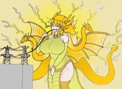 1girl awake_(artist) big_breasts biting electricity ghidorah_(species) kaiju king_ghidorah monster_girl solo tail thick_thighs thighhighs wide_hips wings