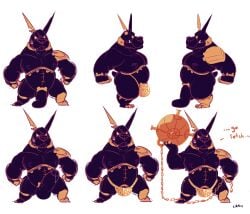 2019 anthro armor big_penis black_body black_nipples black_tail bottomwear chocolateandmilk clothing dated empty_eyes erection flaccid foreskin front_view genitals hi_res humanoid_genitalia humanoid_penis male mostly_nude multiple_poses muscular muscular_anthro muscular_male nipples overweight overweight_anthro overweight_male pecs penis pose side_view signature simple_background solo standing tail white_background yellow_bottomwear yellow_clothing