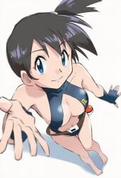 1girl asymmetrical_hair barefoot belt belt_buckle black_gloves black_hair black_one-piece_swimsuit blue_eyes blue_gloves breasts brown_belt buckle casual_one-piece_swimsuit center_opening cleavage closed_mouth collarbone eyelashes feet fingerless_gloves gloves hair_tie highres jei_games kasumi_(pokemon) looking_at_viewer medium_breasts misty_(pokemon) misty_(the_electric_tale_of_pikachu) navel nintendo one-piece_swimsuit outstretched_hand poke_ball poke_ball_(basic) pokemon pokemon:_the_electric_tale_of_pikachu pokemon_gby ponytail short_hair side_ponytail single_glove smile solo spread_fingers standing swimsuit toes