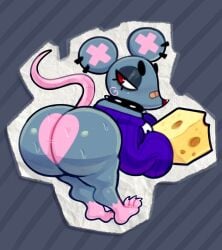 anthro ass band-aid band-aid_on_face bandage bandage_on_face bent_over big_butt biped blush butt_focus cheese clothing collar dairy_products eyeshadow food full-length_portrait hi_res huge_butt looking_back makeup male mammal murid murine paws portrait purple_clothing purple_sweater purple_topwear rat rat_scrub_(somescrub) rear_view red_eyes rodent scrub_(somescrub) shortstack simple_background solo somescrub spiked_collar spikes sweater topwear