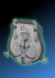 1girls 2023 2d 2d_(artwork) ankle_cuffs asfr breasts buttplug clenched_fist crown defeat defeated feet feet_up female_only gradient_background hair_bun humiliation magic_glow metal_transformation metallic_body naked naked_female neck_cuff nipple_piercing nose_ring object_transformation objectification olivano petrification post-transformation rwby shield solo stationary_restraints statue stuck_in_object trophy wall_decoration weiss_schnee