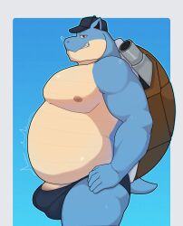 2026 5_fingers absurd_res andeandog anthro anthrofied areola belly black_clothing black_underwear blastoise blue_body border brown_areola brown_nipples clothing colored digital_drawing_(artwork) digital_media_(artwork) fingers gay generation_1_pokemon hat headgear headwear hi_res looking_at_viewer male nintendo nipples overweight overweight_anthro overweight_male pokemon pokemon_(species) shaded shell short_tail side_view simple_background solo tail teeth underwear white_border yellow_body
