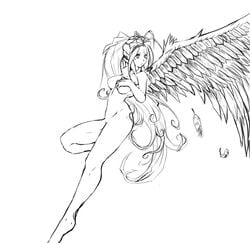 angel_wings belldandy breasts long_hair monochrome nude oh_my_goddess! signhereplease small_breasts wings