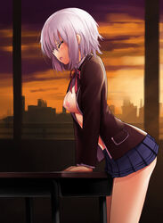 blue_eyes blue_hair blush breasts closed_eyes crotch_rub date_a_live desk dobunezumi female hair_ornament hairclip masturbation nipples raizen_high_school_uniform school_uniform short_hair silver_hair solo table_humping tobiichi_origami