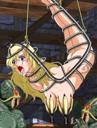 1girls 2boys arms_behind_back blonde_hair blue_eyes body_cage bondage bondage_furniture breast_rip breast_ripper breast_torture breast_weights cage circle_excite completely_nude_female contortion crying_with_eyes_open dangerous_sisters_-_ultimate_torture_kyuukyoku_goumon drooling excite_(circle) female female_only femsub forced_contortion gag gagged gore guro hanging_breasts helpless injury interspecies medium_breasts monster open_mouth open_mouth_gag pain permanent_transformation punctured_breast running_bond stone_wall suspended_in_midair suspension tagme torture vertical_mouth