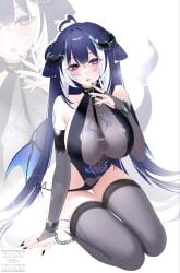 1girls ahoge aqua_wings asymmetrical_horns big_breasts black_bridal_gauntlets black_thighhighs body_markings breasts bridal_gauntlets commentary demon_horns dolphin_necklace elbow_gloves facial_mark female gloves heart heart_ahoge highres hips hissnokiss horns huge_breasts indie_virtual_youtuber large_breasts leotard long_hair looking_at_viewer massive_breasts mismatched_horns multicolored_hair orca_girl pubic_tattoo pubic_tattoo_visible_through_clothes purple_eyes see-through_cleavage see-through_clothes shylily shylily_(succubus) streaked_hair tattoo thighhighs thighs untranslatable_commentary virtual_youtuber vtuber white_hair wings zoom_layer