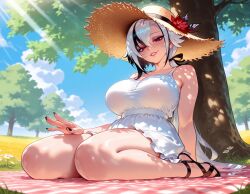 1girls ai_generated alternate_breast_size alternate_costume arlecchino_(genshin_impact) balecxi bare_arms bare_shoulders black_eyes black_footwear black_hair black_nails blanket blue_sky blush breasts clothing cloud collarbone curvaceous curvaceous_female curvaceous_figure curvy curvy_figure day dress female female_focus fingernails flower full_body genshin_impact grass grin hair_between_eyes hat hat_flower headwear lap_pillow_invitation large_breasts lips long_hair looking_at_viewer low_ponytail mature_female milf multicolored_hair nail_polish outdoors parted_lips red_pupils sandals seiza sitting sky sleeveless sleeveless_dress smile solo straw_hat streaked_hair sun_hat sundress sunlight symbol-shaped_pupils thick_thighs thighs toenails toes tree two-tone_hair voluptuous voluptuous_female wariza white_dress white_hair x-shaped_pupils