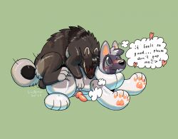 2026 4_toes animal_genitalia animal_penis animate_inanimate artist_name back_bite birdpaw_(artist) bite biting_another black_nose blush breath brown_body brown_face brown_fur brown_tail canid canine canine_genitalia canine_penis canis countershading digital_drawing_(artwork) digital_media_(artwork) dipstick_ears domestic_dog duo ear_markings english_text feet feral from_behind_position fur gay gay_anal gay_male gay_sex genitals green_background green_eyes grey_body grey_sclera hi_res homosexual homosexual_male homosexual_sex humping inflatable knot knotted_penis living_inflatable living_pool_toy looking_pleasured male male/male male_only male_penetrated male_penetrating male_penetrating_male mammal mounting multicolored_ears pawpads penis peril pink_pawpads pool_toy_humping sex shaded simple_background tail tan_body tan_countershading tan_ear_tips tan_feet tan_sclera tan_tail text thought_bubble toes