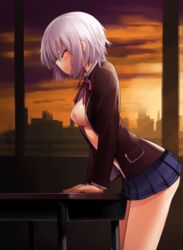 animated blue_eyes blue_hair blush breasts closed_eyes crotch_rub date_a_live desk dobunezumi female hair_ornament hairclip masturbation nipples raizen_high_school_uniform school_uniform short_hair silver_hair solo table_humping tobiichi_origami