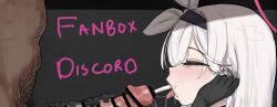 1boy absurdres bar_censor black_gloves black_hairband blue_archive blush censored cinn_angl closed_eyes commentary cropped cum cum_in_mouth ejaculation english_commentary english_text erection fellatio female gloved_handjob gloves hairband handjob highres male_pubic_hair oral paid_reward_available penis plana_(blue_archive) projectile_cum pubic_hair simple_background straight