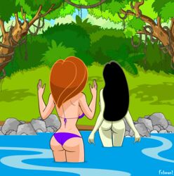 2girls alternate_version_available arms_up artist_name back_view bare_shoulders bikini bikini_bottom bikini_top black_hair busty clothed_female_nude_female curvy day detailed_background disney disney_channel duo female female_only fnbman forest g-string grass hourglass_figure human jungle kim_possible kimberly_ann_possible lake long_hair midriff multiple_females multiple_girls naked nude older orange_hair outdoor outdoors outside partially_submerged rear_view redhead river rock shadow shego shiny shiny_skin standing swimsuit text thong tree voluptuous water wide_hips