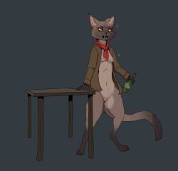 anthro black_tail_tip bottomless breasts clothed clothing dipstick_tail domestic_cat drunk felid feline felis female fur furniture garbagegarage gloves_(marking) grey_body grey_fur hi_res jacket leg_markings looking_at_viewer mammal markings necktie red_necktie simple_background small_breasts socks_(marking) solo substance_intoxication table tail tail_markings topwear yellow_eyes