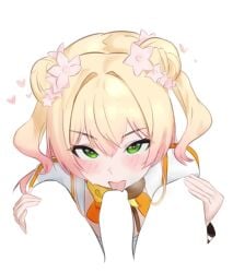 1boy blank_censor blonde_hair blush bow bowtie brown_bow brown_bowtie censored commentary_request crossed_bangs d5y0m double_bun fellatio female flower foreskin foreskin_insertion gradient_hair green_eyes hair_bun hair_flower hair_ornament hands_on_another's_leg heart heart_in_eye highres hololive jacket licking licking_penis long_hair looking_at_viewer meme momosuzu_nene momosuzu_nene_(1st_costume) multicolored_bow multicolored_bowtie multicolored_hair negative_space_oral_(meme) oral orange_bow orange_bowtie penis pink_hair pov sidelocks simple_background solo_focus straight sweat symbol_in_eye tongue tongue_out two_side_up virtual_youtuber white_background white_jacket yellow_bow yellow_bowtie