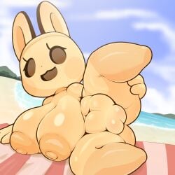 1:1 2026 animal_crossing anthro areola beach big_areola big_breasts blue_sky breasts coco_(animal_crossing) digital_media_(artwork) empty_eyes eyelashes featureless_legs female female_anthro genitals glistening glistening_areola glistening_breasts glistening_genitalia glistening_legs glistening_nipples glistening_thighs glistening_vulva gyroid hi_res lagomorph leporid lying mammal mr_slow navel nintendo nipples nude nude_anthro nude_female on_side open_:3 open_mouth open_smile outside plump_labia rabbit sea sky smile solo tan_areola tan_body tan_breasts tan_ears tan_nipples tan_vulva thick_thighs vulva water wide_hipped_anthro wide_hipped_female wide_hips