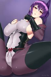 ayane_(doa) blush bodysuit breasts cameltoe dead_or_alive elbow_gloves erect_nipples female female_only gloves hair hair_ribbon human large_breasts ninja_gaiden purple_hair red_eyes ribbon short_hair solid_air solo sweatdrop tecmo tight_clothes