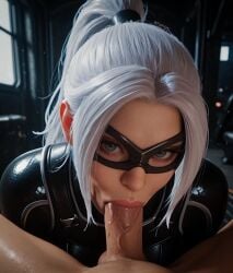 1boy 1girls 3d ai_generated black_cat_(insomniac) black_cat_(marvel) blowjob bodysuit clothed_female_nude_male domino_mask felicia_hardy highres lipstick looking_at_viewer marvel marvel_comics mask penis pitxoai ponytail pov spider-man_(ps4) spider-man_(series) vacuum_fellatio veiny_penis watermark white_hair