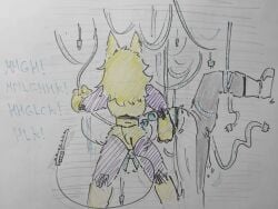 accident accidental_exposure anthro blue_vulva darkner deltarune dingstorm duo english_text felid female fur genitals hair long_hair machine male male/female mammal nonbinary_(lore) on_one_leg oral oral_penetration painting_(artwork) penetration purple_body purple_fur raised_leg robot robot_anthro robot_joints shockblade_(character) standing stuck stuck_in_wires tamacat tasque_manager tasque_manager_(deltarune) text traditional_media_(artwork) traditional_painting_(artwork) undertale_(series) vulva wire yellow_body yellow_fur