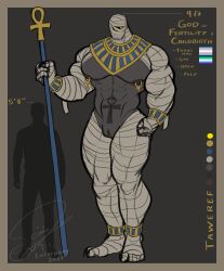 andromorph ankh armband clothing deity egyptian egyptian_clothing entitropy genitals grey_body hi_res intersex lgbt_pride male mastectomy_scar mummy muscular muscular_male nipple_piercing nipples piercing pride_colors pubic_tattoo scar signature simple_background solo_male staff tattoo taweref_(entitropy) text trans_(lore) trans_man_(lore) undead vincian_pride_colors vulva yellow_eyes