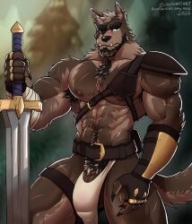 2025 5_fingers abs anthro areola arm_scar arm_wraps armor armpit_hair artist_name balls beard belt biceps body_hair brown_body brown_fur canid canine canis chest_hair chest_scar claws clothing ear_piercing ear_ring eye_patch eyewear facial_hair fangs finger_claws fingers fur gauntlets genitals gloves handwear harness hi_res holding_melee_weapon holding_object holding_sword holding_weapon ineffective_clothing ineffective_loincloth leg_scar male mammal melee_weapon muscular muscular_anthro muscular_male nipples nose_scar pecs penis penis_base piercing plant pubes ring_piercing scar shoulder_guards solo sword tail teeth text tree underbite url weapon wolf wolfshirtart wraps