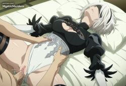 1boy 2b_(nier:automata) ai_generated anime anime_style artist_name bed black_blindfold black_hairband black_thighhighs blindfold breasts cleavage cleavage_cutout clothed_female_nude_male clothed_sex clothing_aside clothing_cutout covered_eyes feather-trimmed_sleeves female hairband hentai hi_res highleg_leotard juliet_sleeves leotard leotard_aside long_sleeves lying medium_breasts missionary mole mole_under_mouth mystic_maidens nier nier:_automata nier_(series) nude on_back patreon penis pillow puffy_sleeves pussy pussy_juice sex short_hair solo_focus spread_legs straight thighhighs torso_grab uncensored vaginal_penetration white_hair white_leotard yorha_2b