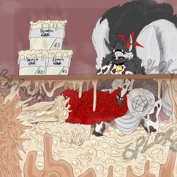 1:1 absurd_res accessory animal_genitalia animal_penis animal_print anthro ass balls barbed_glans behind_the_counter big_balls big_butt big_penis big_tail blush bodily_fluids bracelet clenching_balls cock_ring container cow_print cowbell cum cum_in_container cum_in_jar cum_on_ground equine_genitalia equine_penis excessive_cum excessive_genital_fluids femboy fur genital_fluids genitals glans grey_body grey_ears grey_fur grey_hair hair hair_accessory hairband halo hand_on_face hi_res highlights_(coloring) huge_balls huge_butt huge_cock huge_hips huge_tail hyper hyper_balls hyper_butt hyper_genitalia hyper_hips hyper_penis jar jewelry long_hair male mammal masturbation mephitid musk musk_cloud oziel_athan penile_spines penis penis_accessory penis_jewelry pentagram_eyes pentagram_markings price_tag red_penis ridged_penis scrotum_flap skunk slinkmayker solo sound_effects spiked_bracelet spiked_cock_ring spikes standing tail tan_cum vein veiny_balls veiny_penis vowelless vowelless_sound_effect white_highlights white_inner_ear wide_hips