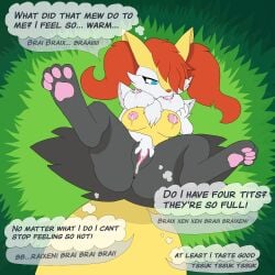 1:1 absurd_res after_transformation bodily_fluids braixen breast_expansion breasts canid canine crosssuxton english_text expansion female fluffy fox gender_transformation generation_6_pokemon genitals hi_res hypnosis lactating mammal mind_control mtf_transformation multi_breast nintendo nipples orgasm pawbs pokemon pokemon_(species) suckling tail text transformation vulva