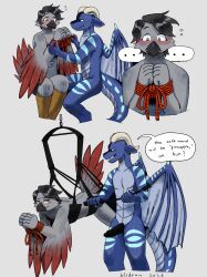 2026 2_horns anthro arm_feathers artist_name avian beak bird birdpaw_(artist) black_beak black_hair black_markings black_penis blue_body blue_ears blue_membrane blue_scales blue_stripes blue_wings blush bodily_fluids bondage bound chocobo closed_smile comic dated dialogue digital_drawing_(artwork) digital_media_(artwork) dragon duo ellipsis english_text european_mythology eyelashes feathers final_fantasy genitals grey_background grey_body grey_feathers hair half-closed_eyes hands_tied head_markings hi_res holding_object holding_whip horn humanoid_hands male male/male male_anthro markings membrane_(anatomy) membranous_wings mouth_closed multicolored_body multicolored_feathers mythological_creature mythological_scalie mythology narrowed_eyes nude_anthro nude_male open_mouth open_smile orange_eyes penis red_body red_feathers red_rope red_tail restraints riding_crop rope rope_bondage safeword scales scalie scutes sex_swing shaded short_hair simple_background sitting smile speech_bubble square_enix striped_body striped_legs striped_wings stripes suspension sweat sweatdrop tail tan_horn text two_tone_tail western_dragon whip wings yellow_scutes