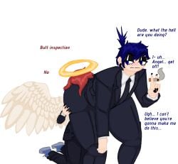 2boys 2male 2males 2men about_to_fart angel_devil_(chainsaw_man) artist_upload avile4v113 bending_forward bending_over blue_eyes blue_hair blush butt_worship chainsaw_man cigarette cigarette_in_hand dialogue embarrassed embarrassed_male feathered_wings feathers gay halo hayakawa_aki head_in_ass head_in_butt holding_ass holding_butt looking_back part_1 part_of_a_set red_hair self_upload simple_background suit_and_tie white_background wings yaoi