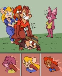 anal anal_sex anthro ass_up bat being_watched blonde_hair bottomwear breasts brown_body brown_fur chip_'n_dale_rescue_rangers chip_(disney) chipmunk clenched_teeth closed_eyes clothed clothing coat comic dale_(disney) digital_media_(artwork) disney eyewear eyewear_on_head face_punch feet female forced foxglove_(cdrr) from_behind_position fur gadget_hackwrench goggles goggles_on_head ground_squirrel group hair hat headgear headwear hi_res long_hair looking_at_another male male/male male_penetrated male_penetrating male_penetrating_male male_rape male_raped male_raping_male mammal membrane_(anatomy) mouse murid murine open_mouth pants penetration penile penile_penetration punch rape rape_face rodent sciurid sex shirt squirrel standing standing_sex tail tammy_squirrel teeth toes tongue tongue_out topwear tree_squirrel vylfgor