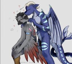 2026 2_horns after_sex aftercare anthro arm_feathers artist_name avian band-aid band-aid_on_arm bandage beak bird birdpaw_(artist) black_beak black_hair black_markings black_penis blue_band-aid blue_body blue_ears blue_membrane blue_scales blue_stripes blue_wings blush bound chocobo cleaning closed_eyes closed_smile comic dated digital_drawing_(artwork) digital_media_(artwork) dragon duo english_text european_mythology eyelashes feathers fin final_fantasy flaccid genitals grey_background grey_body grey_feathers hair half-closed_eyes hands_tied head_markings hi_res holding_object holding_towel horn humanoid_hands kissing male male/male male_anthro markings membrane_(anatomy) membranous_wings mouth_closed multicolored_body multicolored_feathers mythological_creature mythological_scalie mythology narrowed_eyes nude_anthro nude_male one_eye_closed onomatopoeia orange_eyes penis pink_band-aid portrait red_body red_feathers red_tail scales scalie scutes shaded short_hair simple_background sitting smile sound_effects speech_bubble square_enix standing striped_body striped_legs striped_wings stripes tail tail_fin tan_horn text three-quarter_portrait towel two_tone_tail western_dragon whip wings wounded yellow_scutes