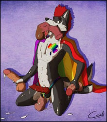 2014 anal anal_masturbation animal_genitalia anthro canine cape cevelt cum disembodied_penis erection furry furry_only gay horsecock humanoid_penis male mammal masturbation penetration penis plain_background rainbow super_gay tattoo wolf