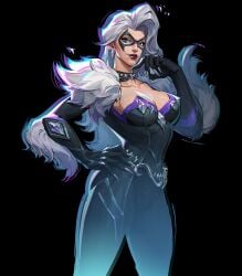 1girls 2026 big_breasts black_background black_cat_(marvel) black_cat_(marvel_rivals) black_lipstick cat_eyes choker chromatic_aberration cleavage cleavage_cutout curvy_hips diamond_(gem) fat_ass felicia_hardy female_focus fit_female fur_clothing green_eyes hand_on_hip hourglass_figured_female jewelry jumpsuit looking_at_viewer marvel marvel_comics marvel_rivals mole_under_mouth netease_games official_art official_style purple_accents purple_eyeliner render sharp_claws sideass silver_claws silver_hair simple_background spider-man_(series) taller_female thick_thighs toned_ass white_skinned_female