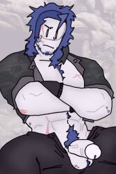 1boy 1male abs absurd_res arms_crossed background battle_dress battle_dress_uniform bdus blue_body_hair blue_hair body_markings body_scars camo camo_print camouflage chest chest_tuft clothing cock complex_background dick dick_out face_scar fingerless_gloves forsaken_(roblox) guest_1337 guest_1337_(forsaken) guest_1337_(the_last_guest) hair_tuft long_hair_male looking_angry looking_annoyed looking_at_viewer male partially_clothed pecs penis penis_out photo_background pubes real_background roblox roblox_game robloxian scars solo solo_focus solo_male sweat sweatdrop sweaty_balls swirlytundra the_last_guest trenches unbuttoned_pants unbuttoned_shirt war war_trenches