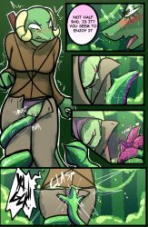 absurd_res anthro brradett clothed clothing clothing_pull colored comic dialogue digital_media_(artwork) duo english_text female genitals group hi_res horn lernie_(brradett) love_goddess_(brradett) panties questionable_consent rubbing_vulva scalie speech_bubble tail tentacle text trio unbuttoned_pants underwear vulva