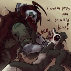 2026 3_fingers 4_ears abigail_(kestrel) abuse angry animal_genitalia animal_penis anthro anthro_on_anthro argument asphyxiation avali avian biped bird bite black_body black_feathers black_finger_claws black_fur black_hair black_sclera blood blood_in_mouth blood_on_face blood_on_hand blood_splatter bodily_fluids broken_neck brown_hair chest_tuft choking claws clothed clothed/nude clothing colored countershading cum death dialogue digital_drawing_(artwork) digital_media_(artwork) dominant dominant_female dripping duo ejaculation english_text erection exclamation_point facial_tuft feathered_wings feathers felid feline female female_anthro fight fingers forced fully_clothed fur fyr_(fenrir784) genital_fluids genitals gore gore_focus grabbing green_clothing green_eyes green_shirt green_topwear grey_body hair hand_bite hands-free hi_res holding_another kestrel_(artist) killing leaking long_hair looking_at_another looking_up lying male male/female male_anthro maleherm_(lore) mammal markings multi_ear multicolored_body multicolored_feathers mutilation neck_grab neck_snap nude nude_anthro nude_male on_back onomatopoeia open_mouth orgasm pain pantherine penis pinned profanity purple_eyes red_genitals red_penis red_text shaded shirt side_view signature simple_background simple_shading size_difference sleeves smaller_male snuff sound_effects stripes struggling submissive submissive_anthro submissive_male tapering_penis teeth text tiger topwear tuft vein veiny_penis violence white_body white_feathers white_fur wide_eyed winged_arms wings wounded yelling