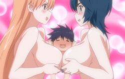 animated breasts double_paizuri female glasses kiryuu_yuuzuki kissxsis large_breasts male mikuni_miharu multiple_paizuri outercourse paizuri straight suminoe_keita