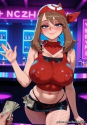 1boy 2026 ai_generated anime bandana bangs bar bare_shoulders black_panties black_skirt blue_eyes blush breasts brown_hair cleavage closed_mouth counter covered_nipples crossover earrings eye_contact female female_focus fishnets flushed highres holding holding_money huge_breasts indoors inside jewelry large_breasts looking_at_viewer male may_(pokemon) microskirt midriff miniskirt money navel neutral_expression nintendo nsfw panties pantyhose patreon pencil_skirt piercing pokemon pov prostitution red_bandana rognezart skirt smile smiling solo solo_focus thong underwear